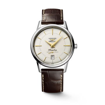 Longines "Flagship Heritage" Watch with 18k Details & Brown Alligator Leather Band, 38mm - Carter's Collective Fine Jewelry