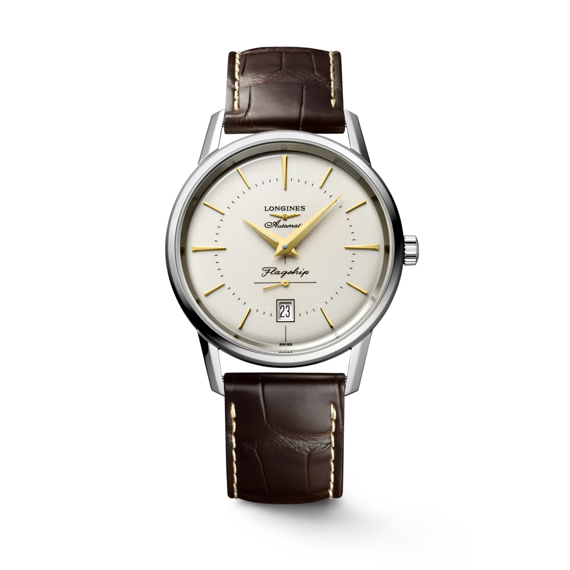 Longines "Flagship Heritage" Watch with 18k Details & Brown Alligator Leather Band, 38mm - Carter's Collective Fine Jewelry