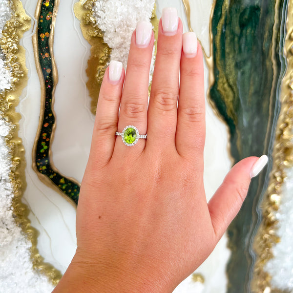 "Lily" Oval Peridot Diamond Halo Ring