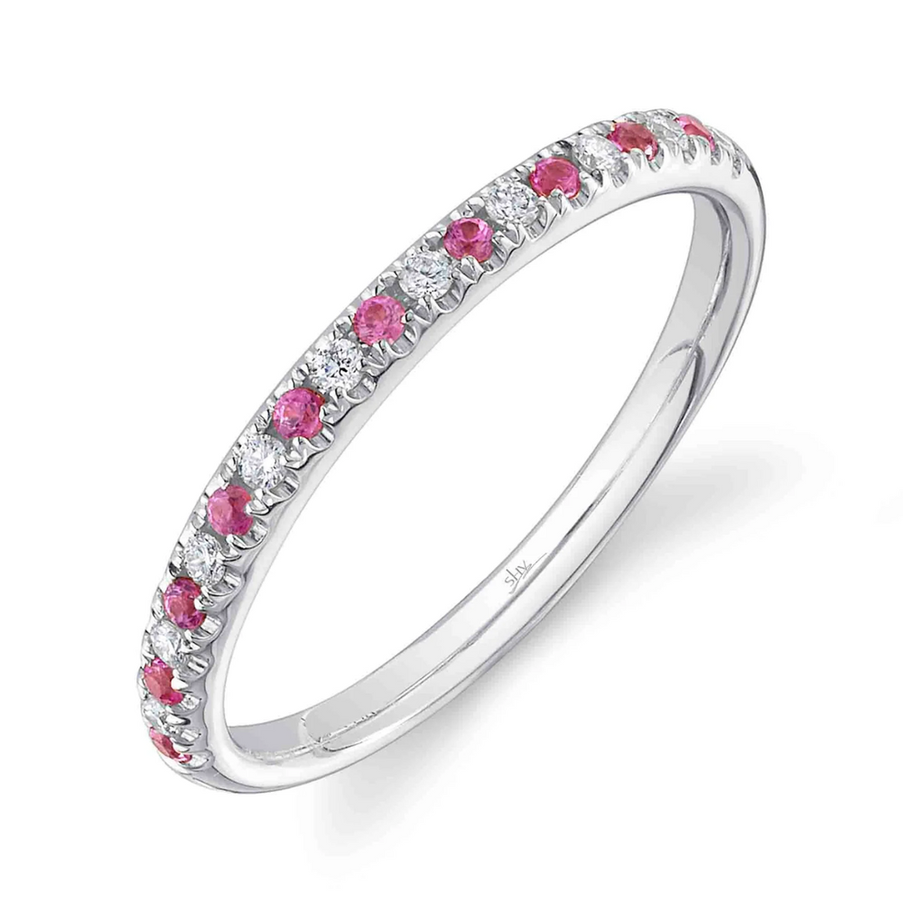 14k White Gold Pink Sapphire & Diamond Alternating Straight Stackable Band