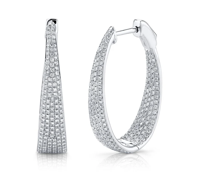 Pave Diamond Oval Hoop Earring, 1.73cttw