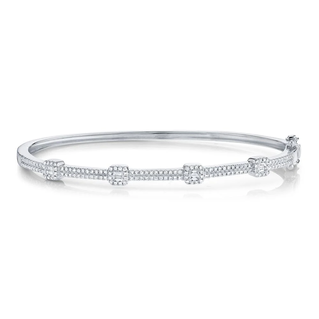 Baguette Diamond Halo Station Bangle Bracelet