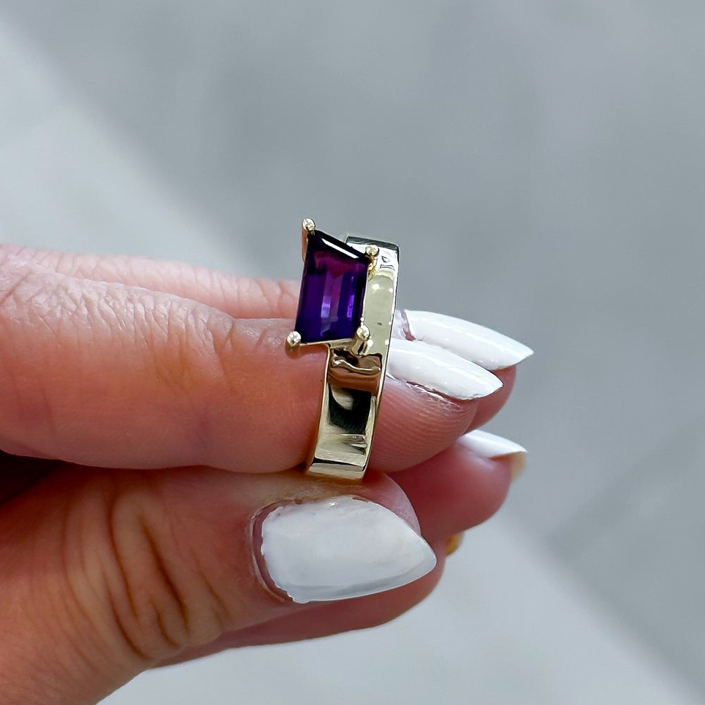 Trapezoid Amethyst Gemstone Offset Cigar Band Ring