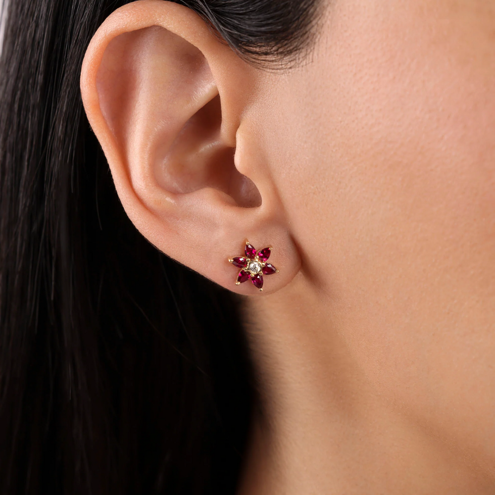 Ruby & Diamond Flower Stud Earrings