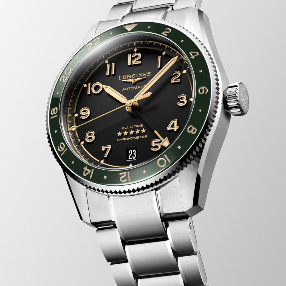 Longines "Spirit Zulu Time" Watch - Stainless Steel with Green Ceramic Bezel & Anthracite Dial, 39mm - Carter's Collective Fine Jewelry