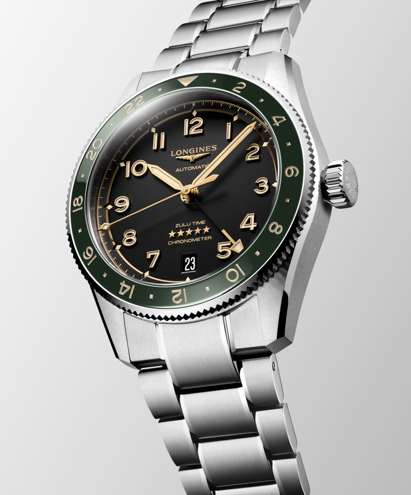 Longines "Spirit Zulu Time" Watch - Stainless Steel with Green Ceramic Bezel & Anthracite Dial, 39mm - Carter's Collective Fine Jewelry