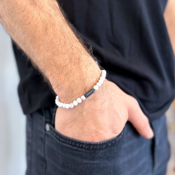 Men's White Howlite Gemstone Bead Bracelet with Steel Clasp