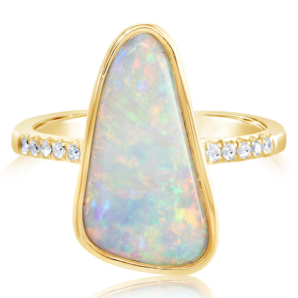Elongated Bezel Set Australian Opal Ring with Diamond Accents