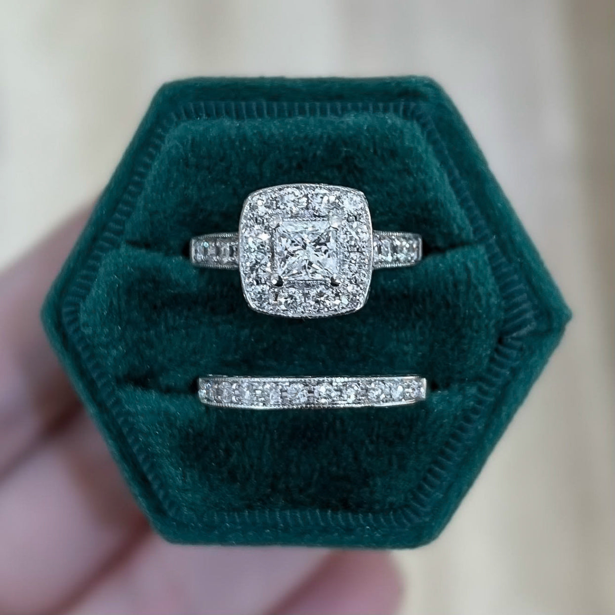 PREVIOUSLY LOVED PRINCESS CUT DIAMOND HALO ENGAGEMENT RING WITH WEDDING BAND