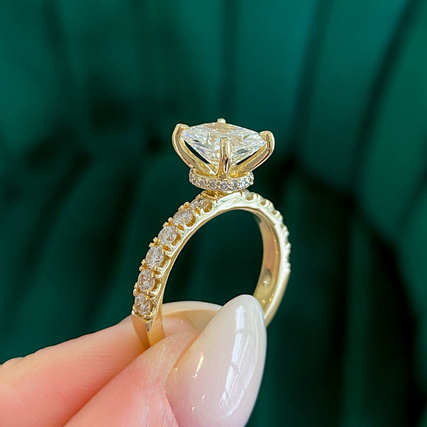 Elongated Cushion Lab Grown Diamond Engagement Ring with Diamond Band and Diamond Wrap Detail