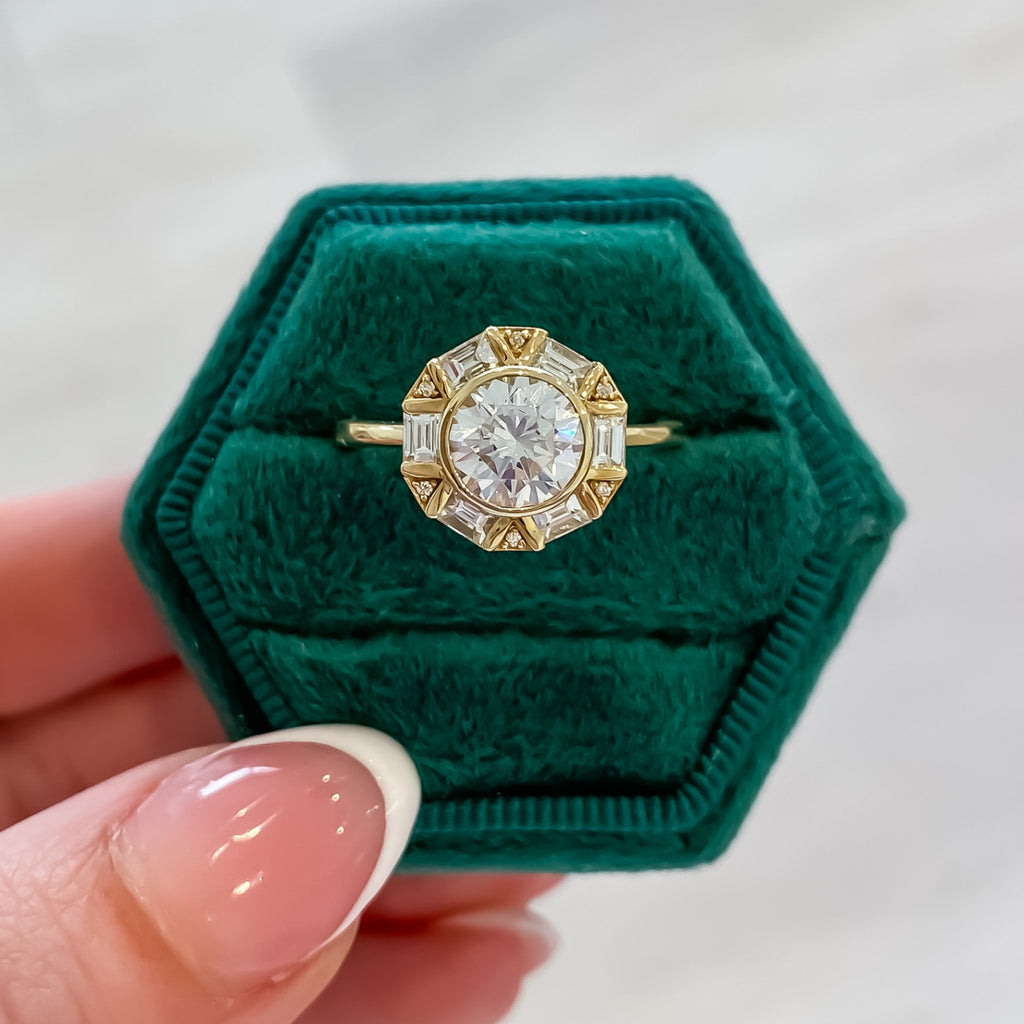 Round Bezel Baguette Halo Engagement Ring Setting (Does Not Include Center Stone)
