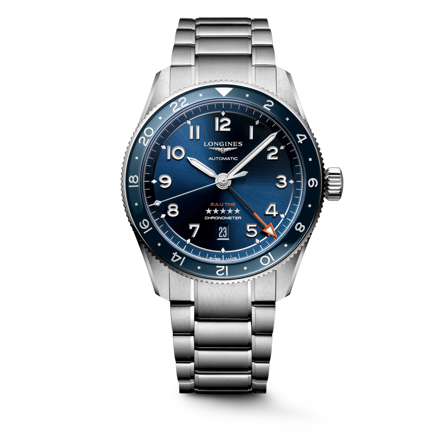 Longines "Spirit Zulu Time" Watch - Stainless Steel with Blue Ceramic Bezel & Sunray Blue Dial, 42mm - Carter's Collective Fine Jewelry