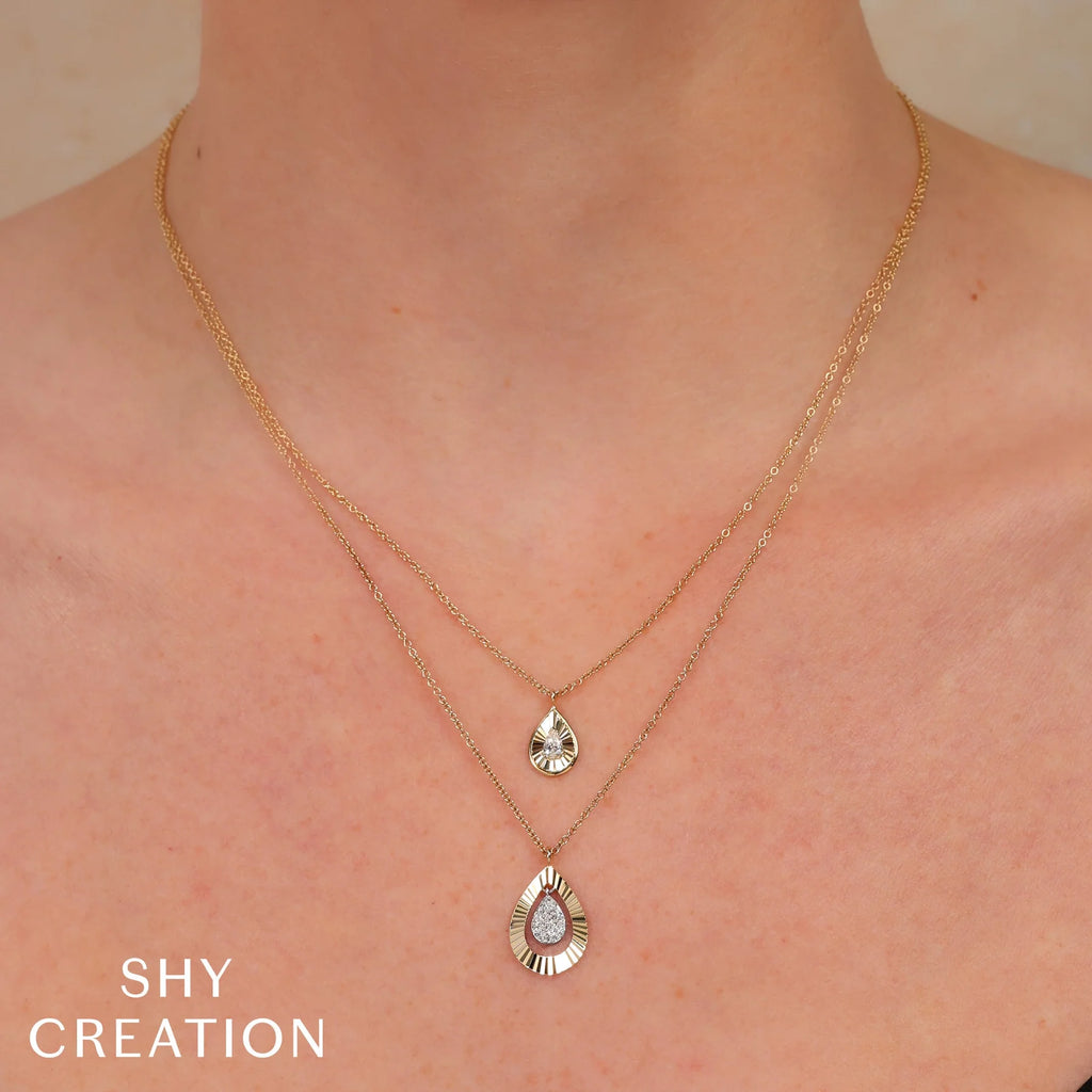 Diamond Pear Fluted Gold Halo Pendant Necklace - Carter's Collective Fine Jewelry