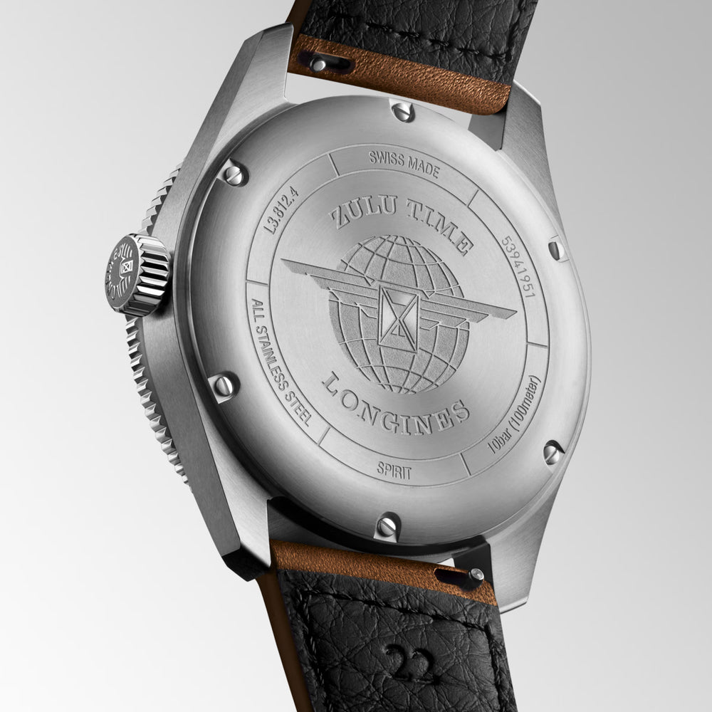 
                  
                    Longines "Spirit Zulu Time" Watch - Stainless Steel with Green Ceramic Bezel, Anthracite Dial & Brown Leather Band, 42mm - Carter's Collective Fine Jewelry
                  
                