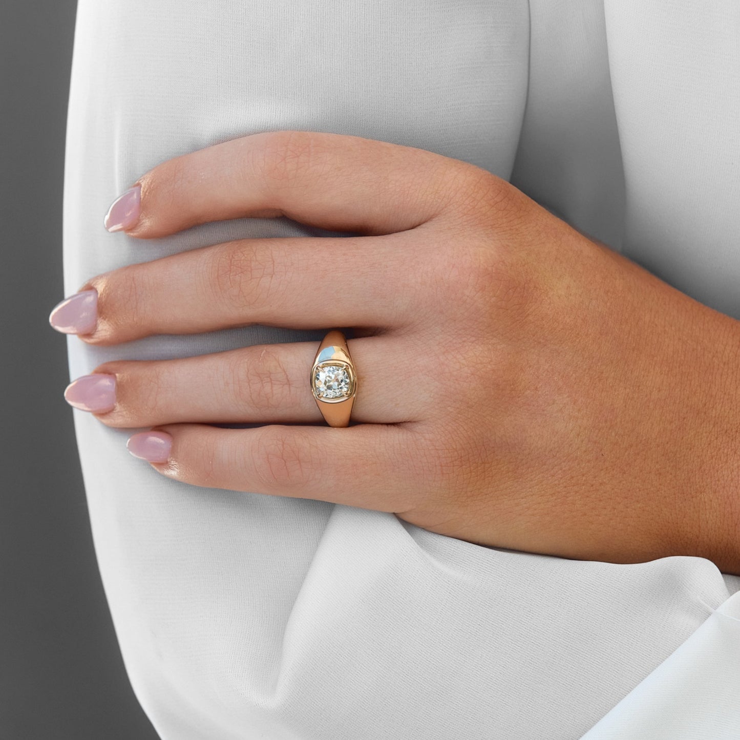 Bespoke Old Mine Cut Natural Diamond Faux Bezel Signet Engagement Ring - Carter's Collective Fine Jewelry