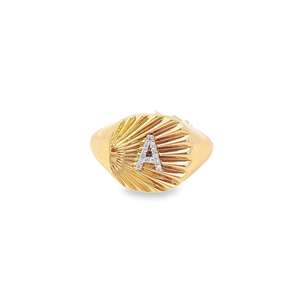 Diamond Letter "A" Gold Fluted Circle Signet Style Fashion Ring