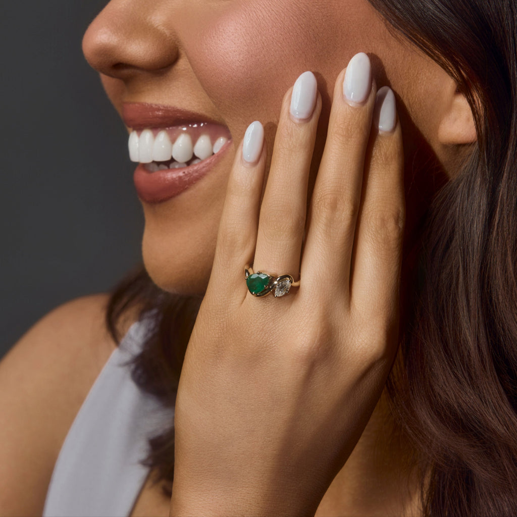 Pear Cut Emerald Gemstone and Marquise Cut Natural Diamond Contour Two Stone Ring, 1.94 CTTW - Carter's Collective Fine Jewelry
