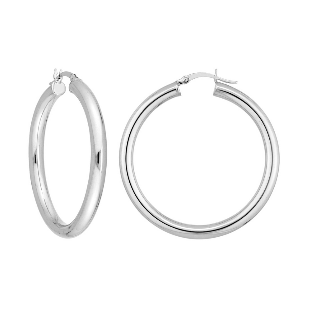 Sterling Silver Plain Round Puff Hoop Earrings, 4x40mm