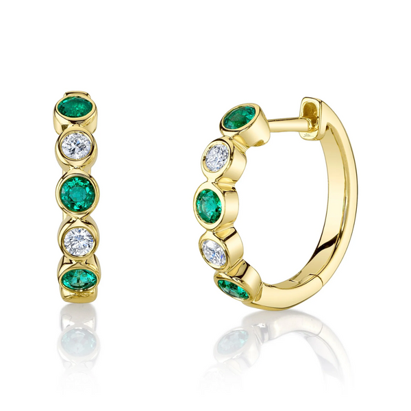 Alternating Bezel Set Emerald & Diamond Huggie Hoop Earrings