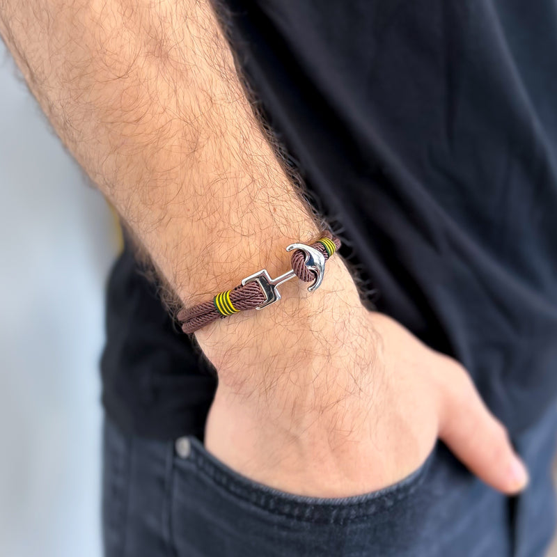 Men's Brown Wrap Paracord Rope with Steel Anchor Clasp Bracelet