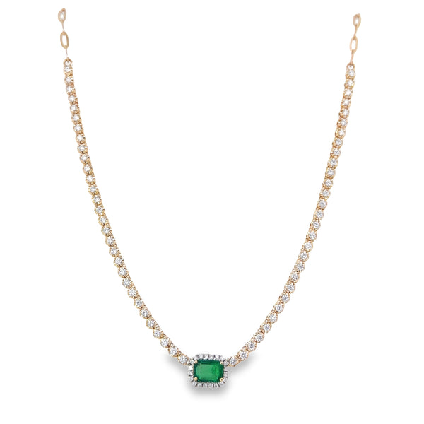 Emerald Gemstone and Diamond Halo Pendant Paper Clip Tennis Necklace