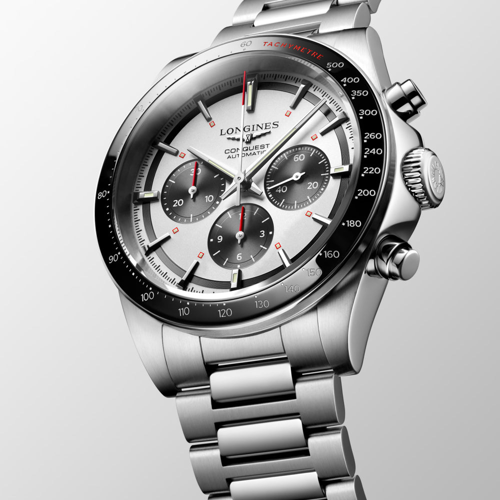Longines "Conquest Chronograph" Watch with Black Ceramic Bezel and Silver Matte Dial, 42mm - Carter's Collective Fine Jewelry