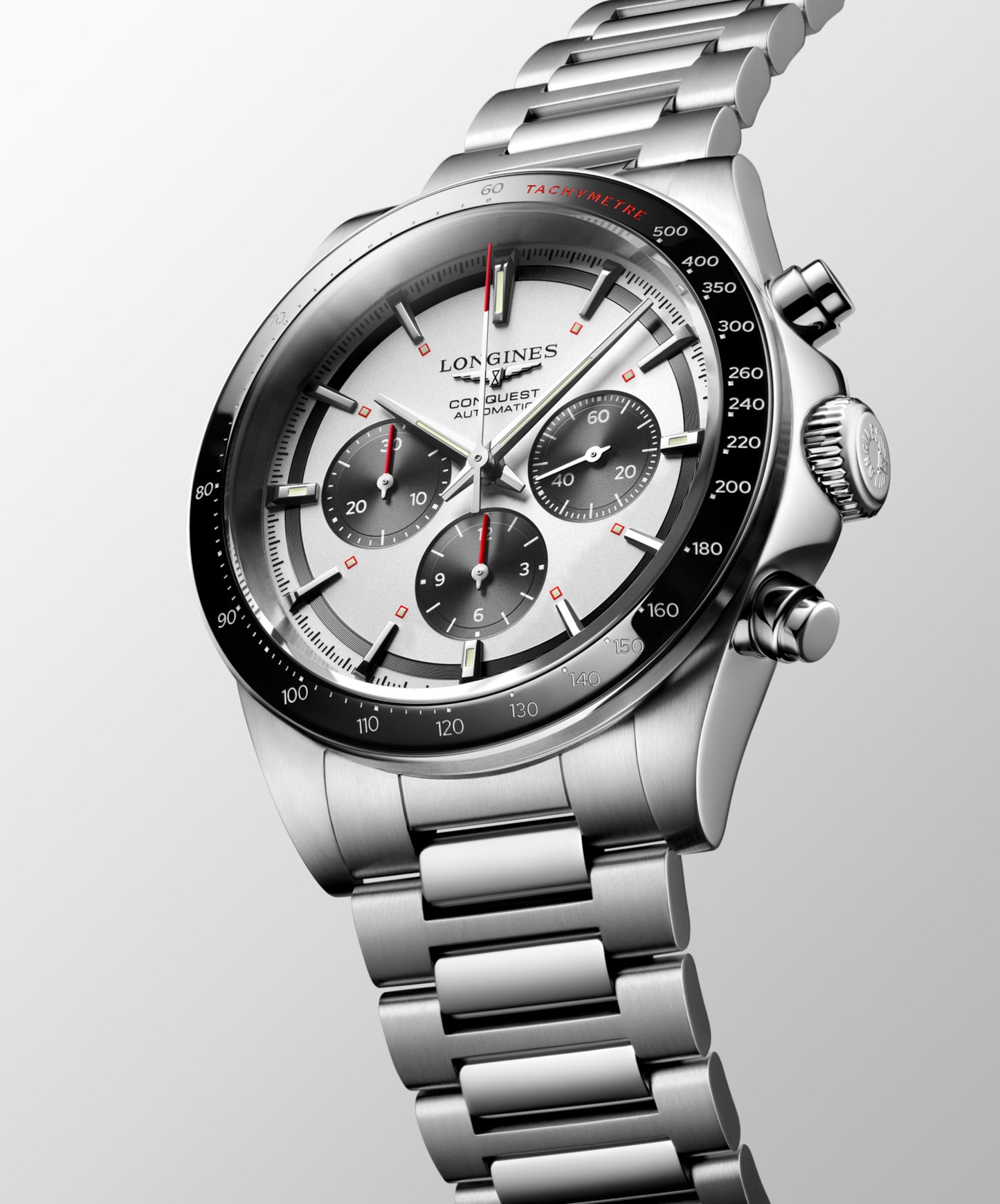 Longines "Conquest Chronograph" Watch with Black Ceramic Bezel and Silver Matte Dial, 42mm - Carter's Collective Fine Jewelry