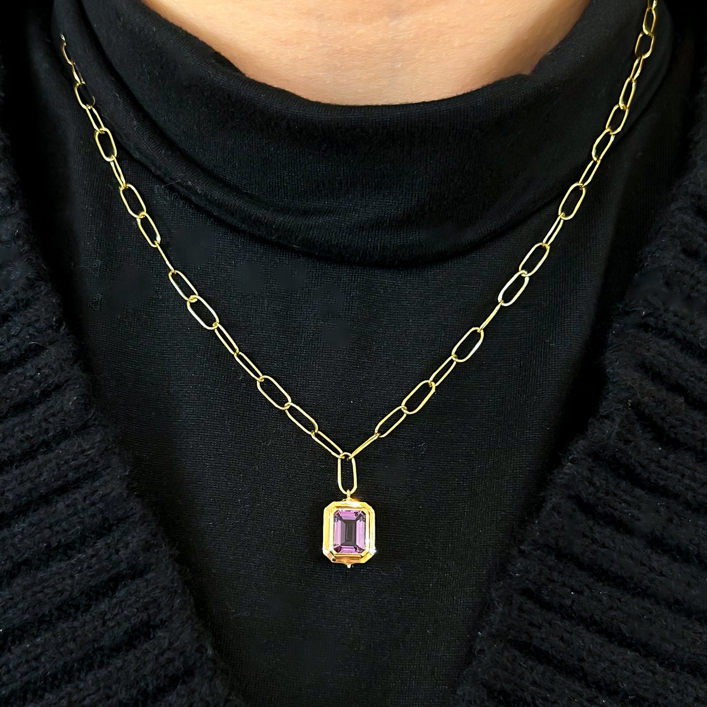 Emerald Cut Amethyst Bezel Set Paperclip Chain Necklace