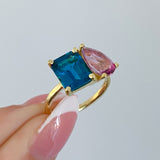 Pear Cut Pink Topaz & Emerald Cut Blue Topaz Two Stone Ring