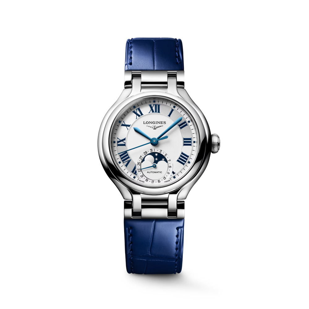 
                  
                    Longines "Primaluna Moonphase" Watch with Opaline Ivory Dial & Blue Alligator Leather Strap, 34mm - Carter's Collective Fine Jewelry
                  
                
