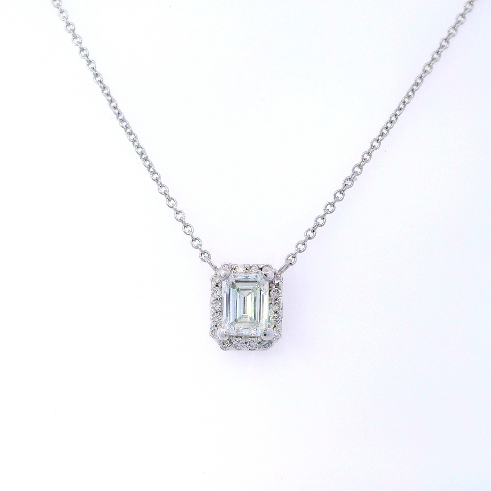 
                  
                    Lab Grown Emerald Cut Diamond Halo Necklace
                  
                