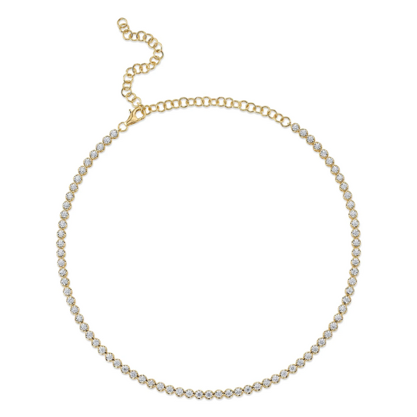 14K Yellow Gold Crown Set Diamond Tennis Necklace
