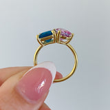 Pear Cut Pink Topaz & Emerald Cut Blue Topaz Two Stone Ring