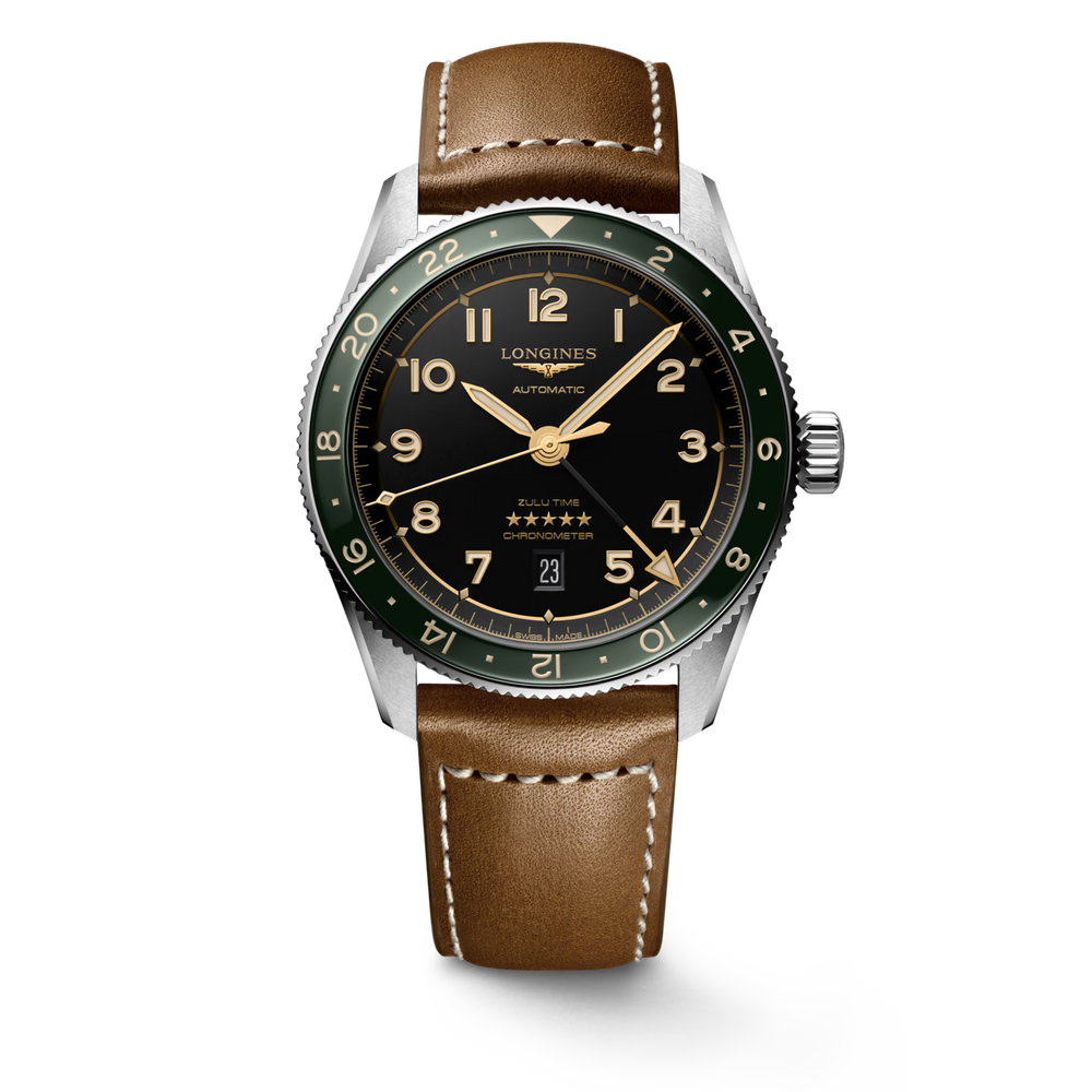 Longines "Spirit Zulu Time" Watch - Stainless Steel with Green Ceramic Bezel, Anthracite Dial & Brown Leather Band, 42mm - Carter's Collective Fine Jewelry