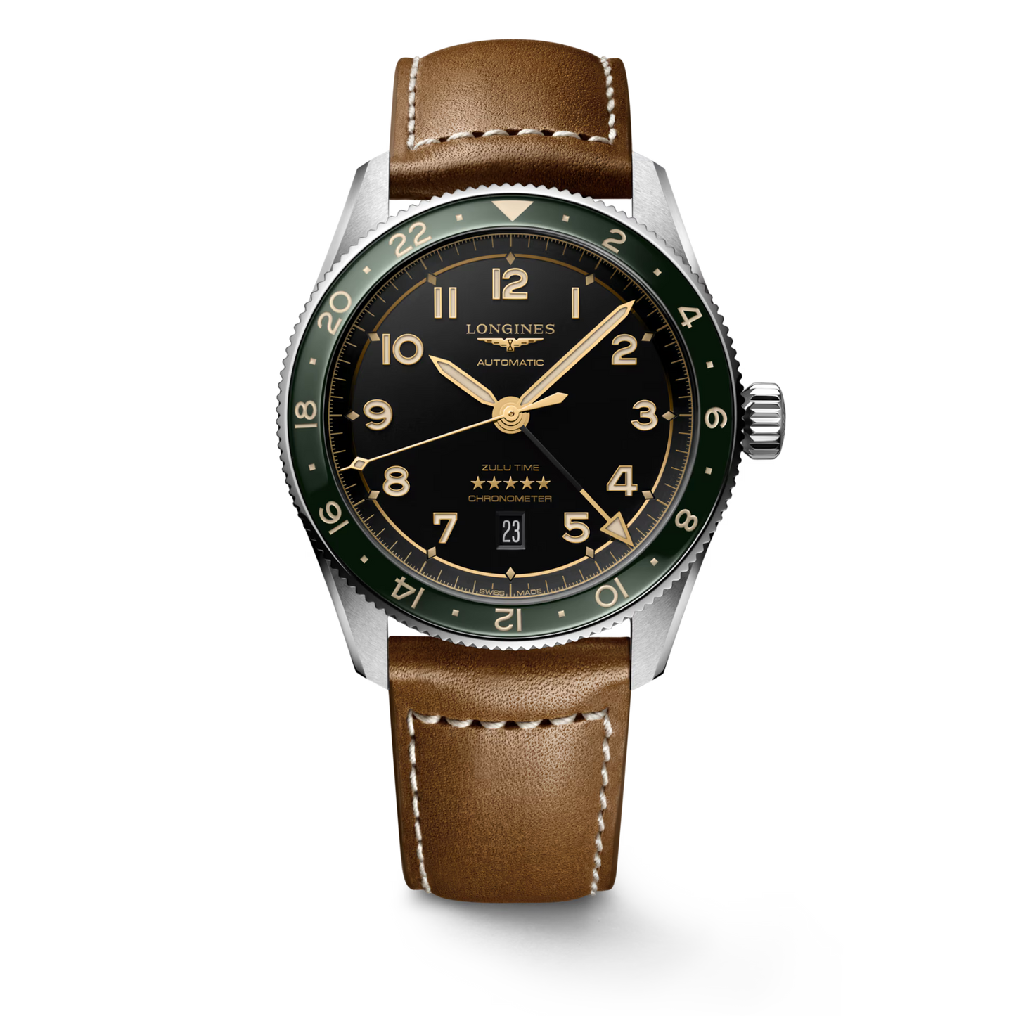 Longines "Spirit Zulu Time" Watch - Stainless Steel with Green Ceramic Bezel, Anthracite Dial & Brown Leather Band, 42mm - Carter's Collective Fine Jewelry