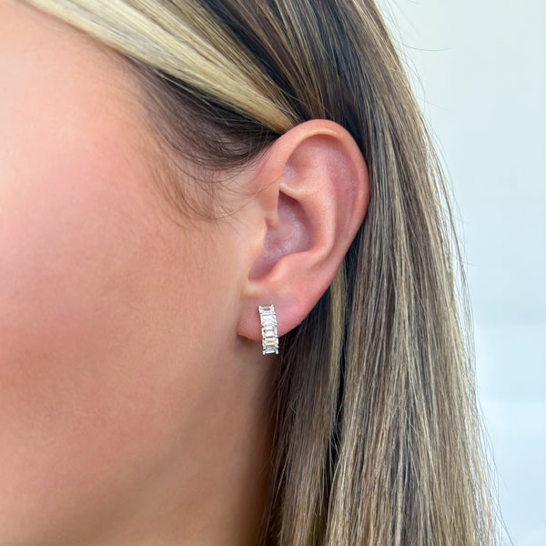 Natural Emerald Cut Diamond Huggie Hoop Earrings