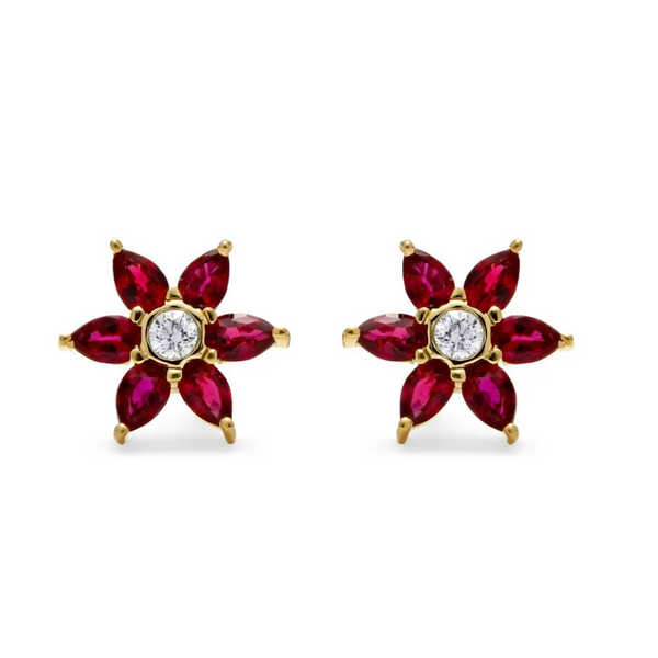 Ruby & Diamond Flower Stud Earrings