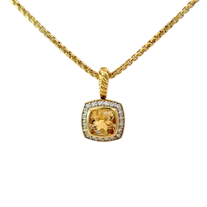 Previously Loved Cushion Cut Citrine Diamond and Rope Texture Halo Pendant