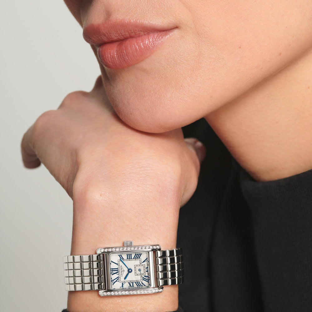 Longines "Mini Dolcevita" Watch with Silver "flinqué" Dial - 29mm, 0.46 CTTW - Carter's Collective Fine Jewelry