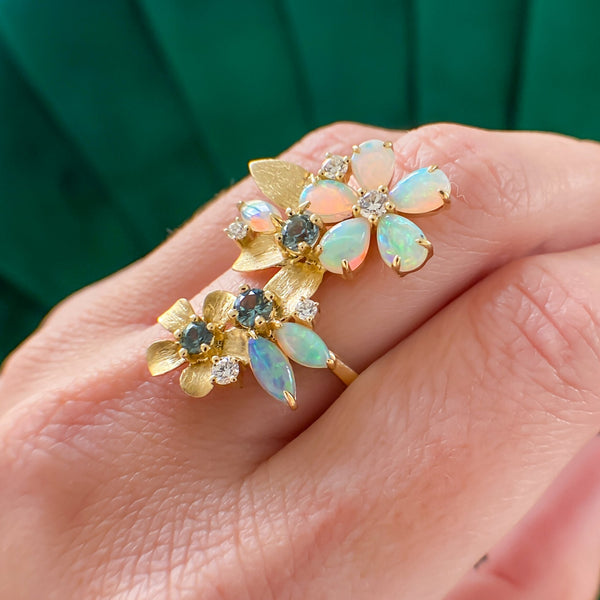 Australian Opal, Montana Sapphire & Diamond Flower Wrap Ring