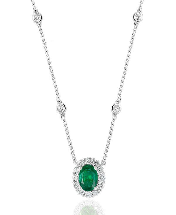 Oval Cut Emerald and Diamond Halo Pendant with Diamond by the Yard Necklace