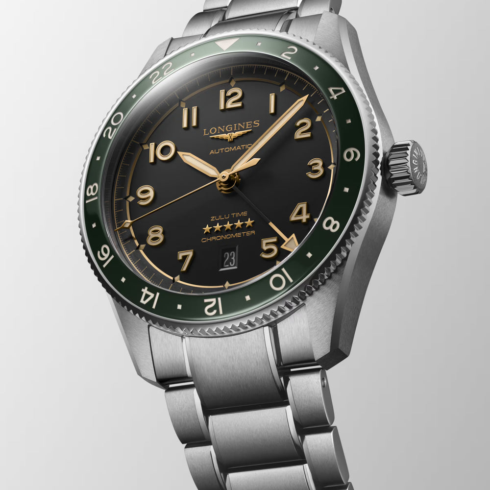 Longines "Spirit Zulu Time" Watch - Stainless Steel with Green Ceramic Bezel & Anthracite Dial, 42mm - Carter's Collective Fine Jewelry
