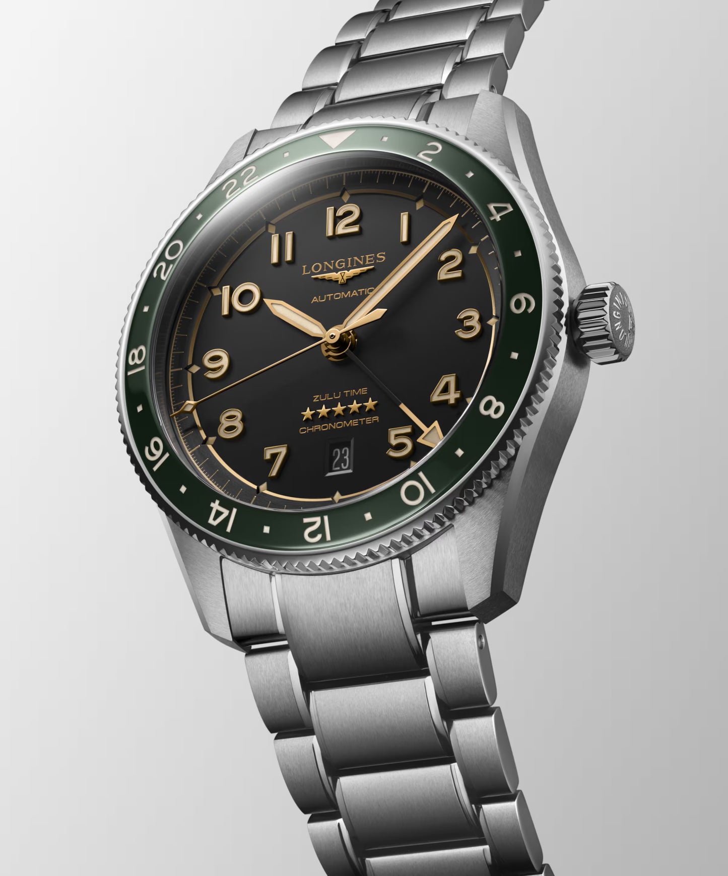 Longines "Spirit Zulu Time" Watch - Stainless Steel with Green Ceramic Bezel & Anthracite Dial, 42mm - Carter's Collective Fine Jewelry