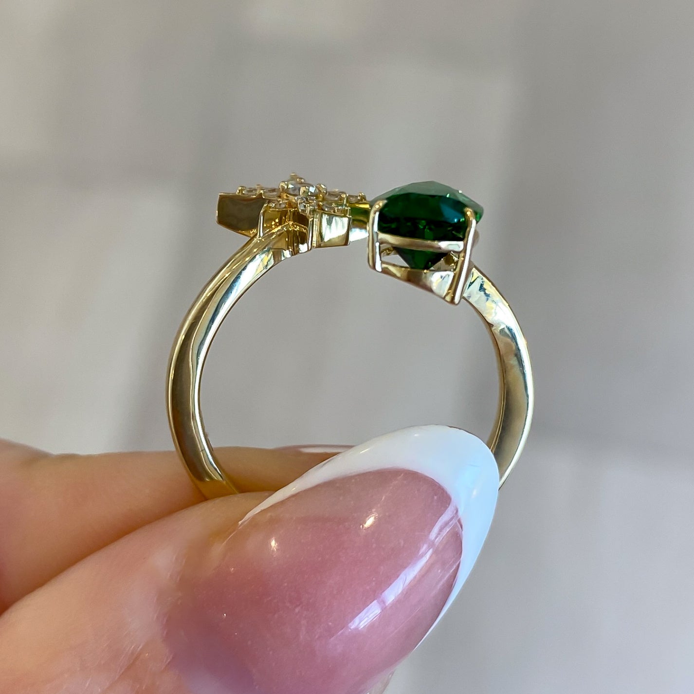 Pear Shape Green Tourmaline Bypass Starburst Ring