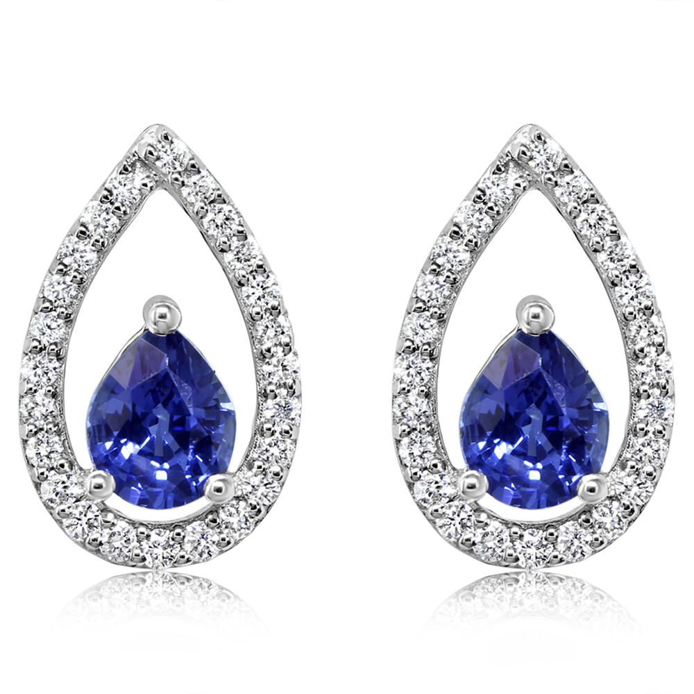 14K White Gold Blue Sapphire Earrings with Diamond Accents