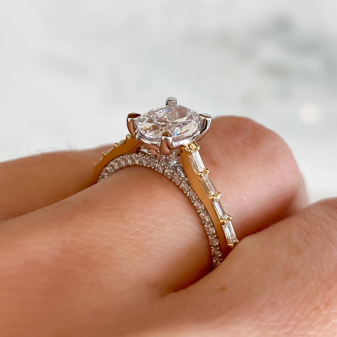 Baguette Diamond Band and Diamond Under Carriage Engagement Ring Setting (Does Not Include Center Stone)