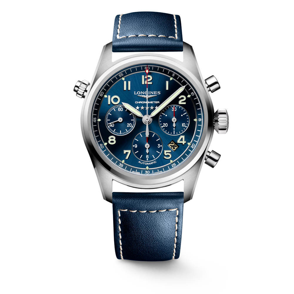 Longines "Spirit Chronograph" Watch with Sunray Blue Dial & Blue Leather Strap - Carter's Collective Fine Jewelry