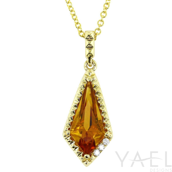 Citrine Gemstone Pendant with Pyramid Texture and Diamond Accents