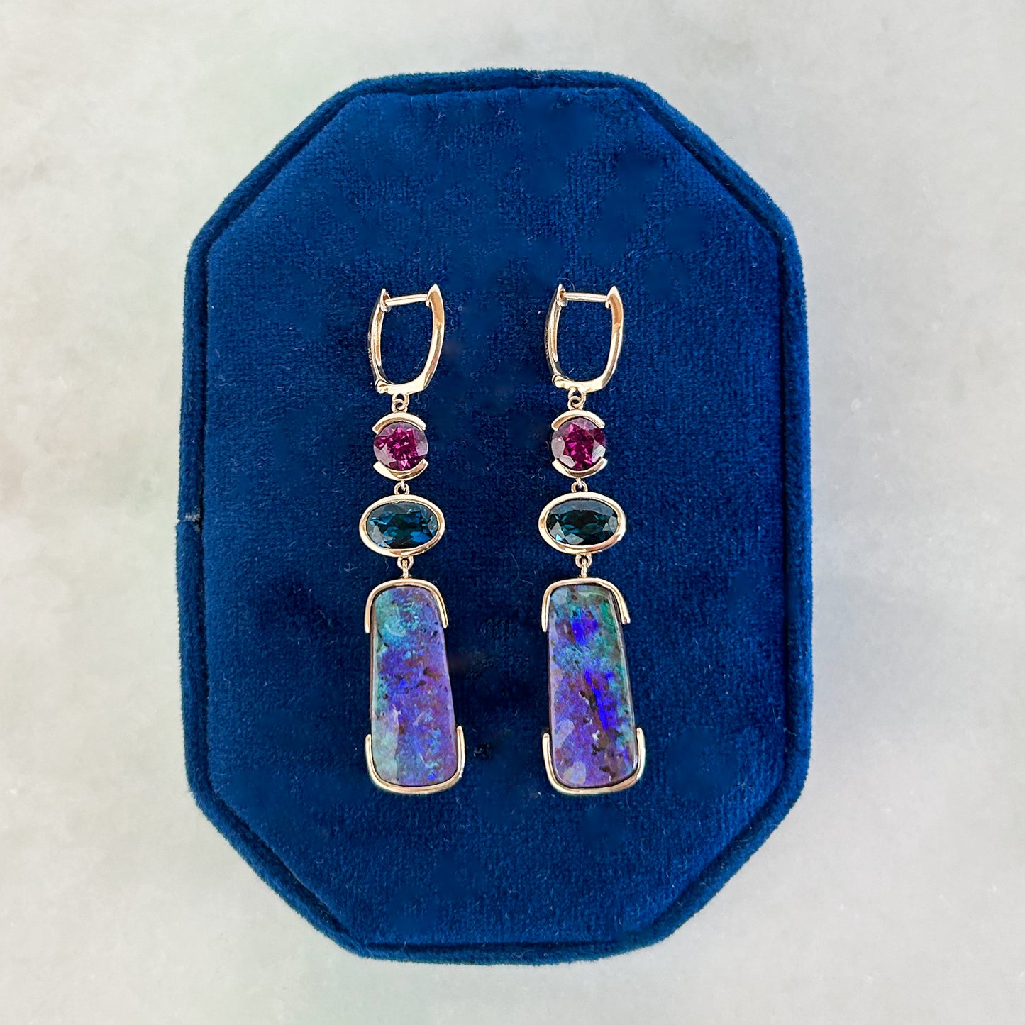 Australian Boulder Opal, Purple Garnet, and Blue Tourmaline Trio Bezel Set Dangle Earrings