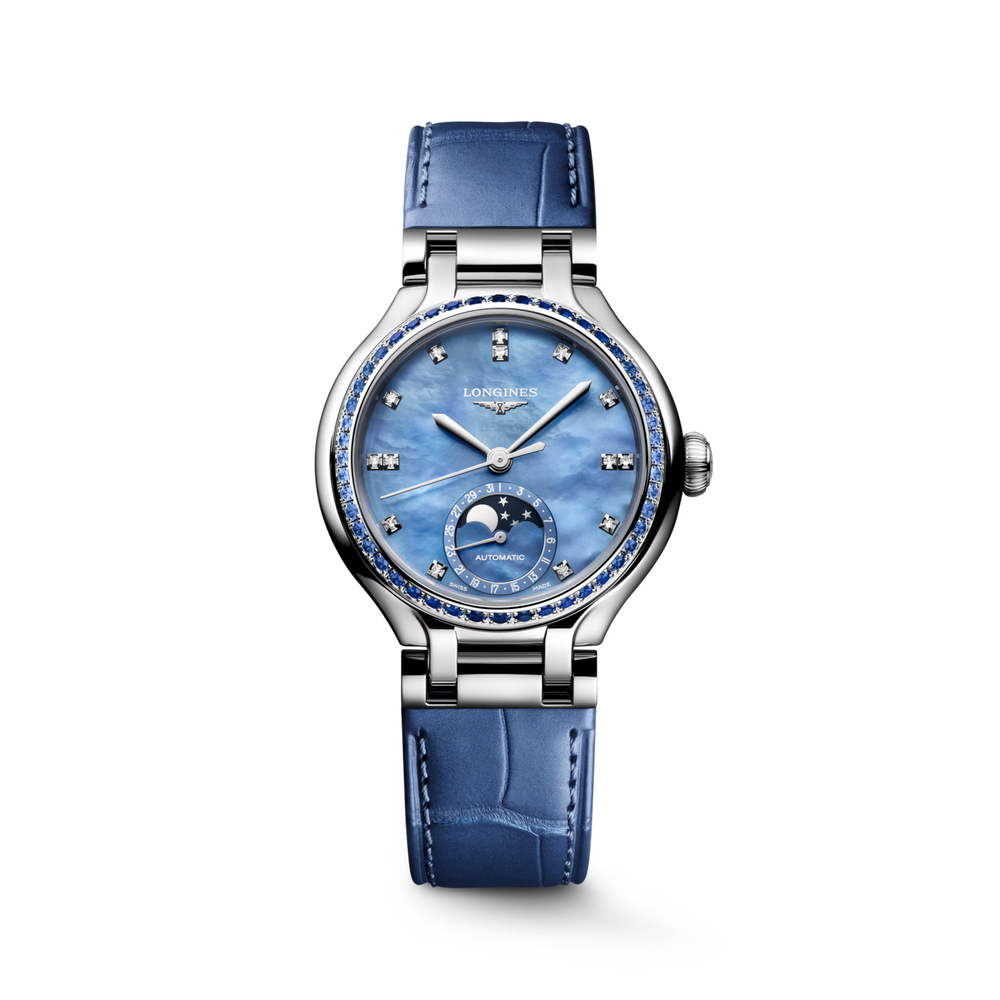 Longines "Primaluna Moonphase" Watch with Blue Mother of Pearl Dial & Blue Alligator Leather Band, 34mm - Carter's Collective Fine Jewelry